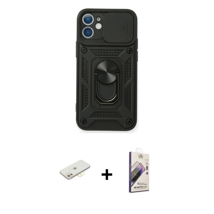 MARSİLYAN™- iPhone 11 Kılıf Ahenk Klasik - Siyah Bilvis 3D Mat Cam Ekran Koruyucu + Renkli Kamera Lens Koruma Cam - SI
