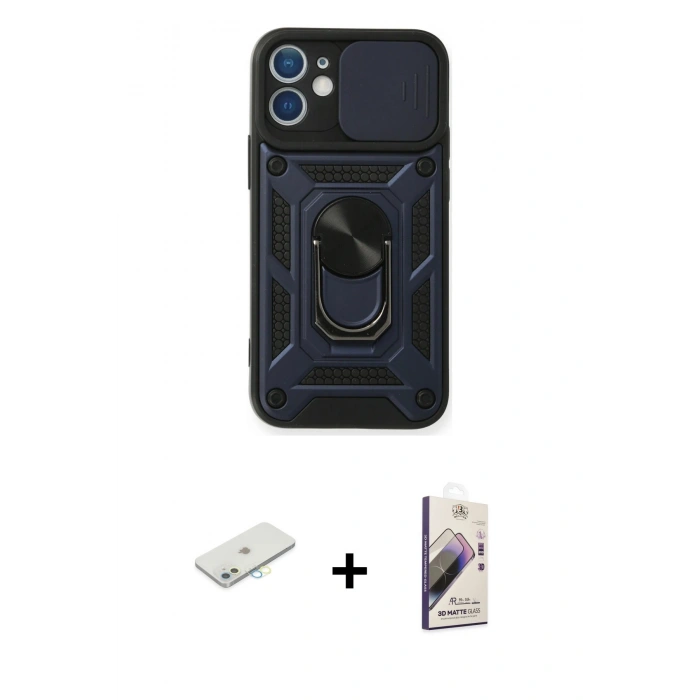 MARSİLYAN™- iPhone 11 Kılıf Ahenk Klasik - Siyah Bilvis 3D Mat Cam Ekran Koruyucu + Renkli Kamera Lens Koruma Cam - SI