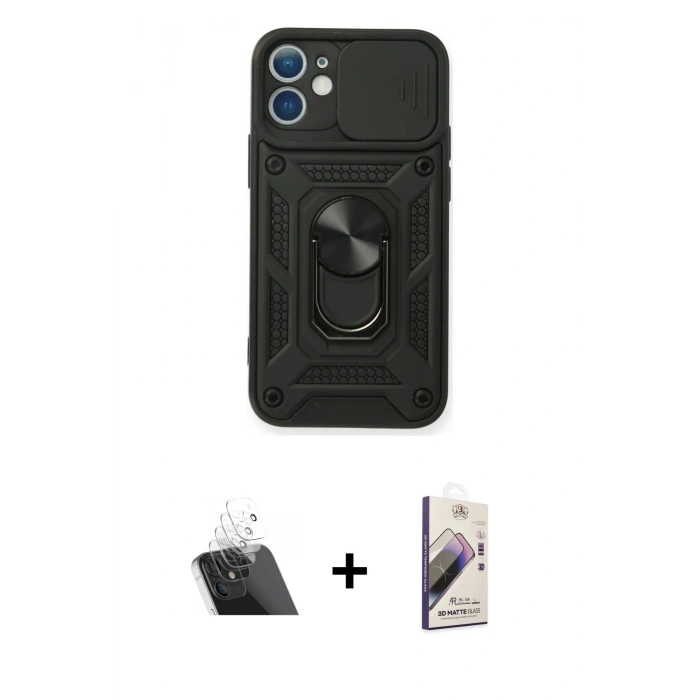 MARSİLYAN™- iPhone 11 Kılıf Ahenk Klasik - Siyah Bilvis 3D Mat Cam Ekran Koruyucu + Kamera Lens Koruma Cam - SF