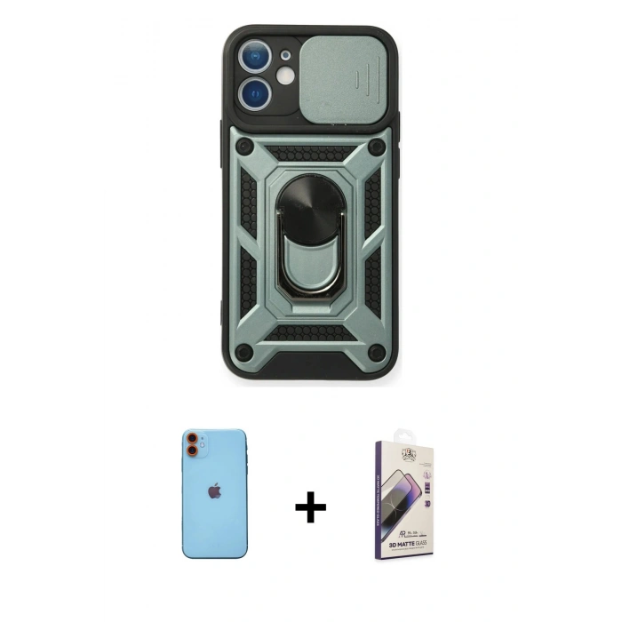 MARSİLYAN™- iPhone 11 Kılıf Ahenk Klasik - Siyah Bilvis 3D Mat Cam Ekran Koruyucu + Neon Fosforlu Kamera Lens - TU