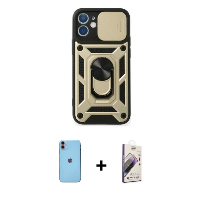 MARSİLYAN™- iPhone 11 Kılıf Ahenk Klasik - Siyah Bilvis 3D Mat Cam Ekran Koruyucu + Neon Fosforlu Kamera Lens - TU