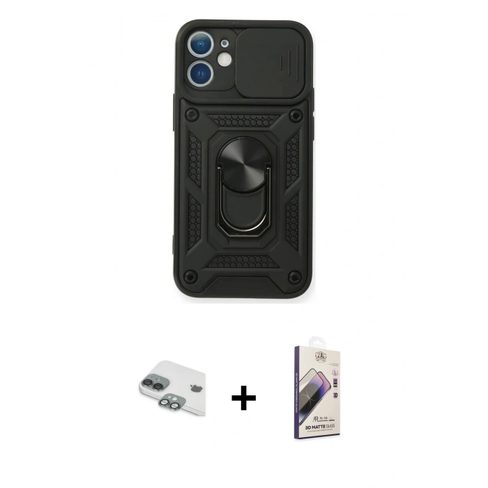 MARSİLYAN™- iPhone 11 Kılıf Ahenk Klasik - Siyah Bilvis 3D Mat Cam Ekran Koruyucu + Pers Alüminyum Kamera Lens - YL