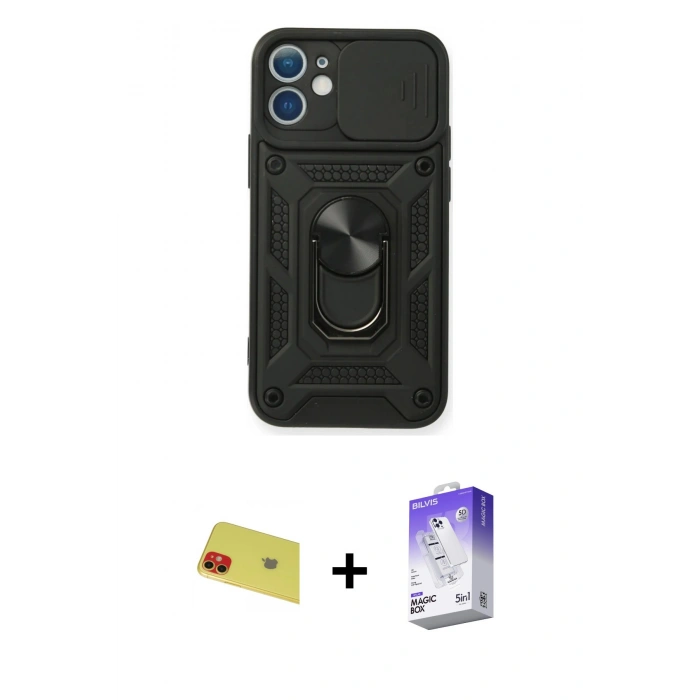 MARSİLYAN™- iPhone 11 Kılıf Ahenk Klasik - Siyah Bilvis 5in1 3D Magic Cam Ekran Koruyucu + Rainbow Kamera Lens Koruma Cam - KI