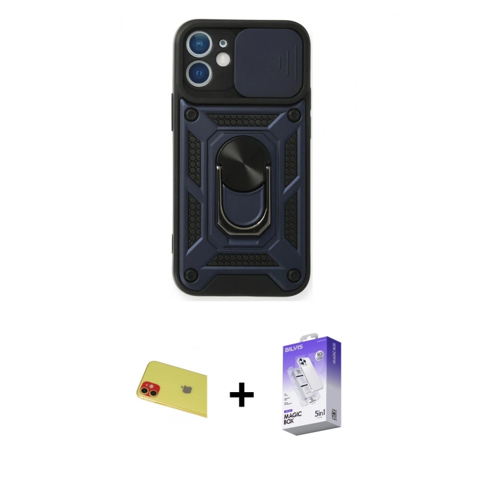 MARSİLYAN™- iPhone 11 Kılıf Ahenk Klasik - Siyah Bilvis 5in1 3D Magic Cam Ekran Koruyucu + Rainbow Kamera Lens Koruma Cam - KI