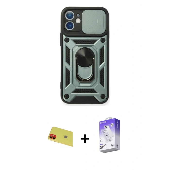 MARSİLYAN™- iPhone 11 Kılıf Ahenk Klasik - Siyah Bilvis 5in1 3D Magic Cam Ekran Koruyucu + Rainbow Kamera Lens Koruma Cam - KI