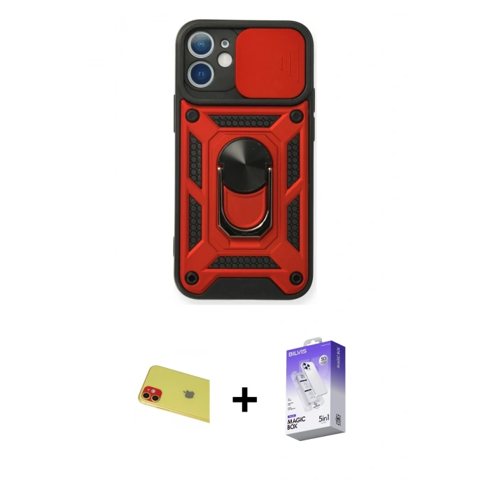 MARSİLYAN™- iPhone 11 Kılıf Ahenk Klasik - Siyah Bilvis 5in1 3D Magic Cam Ekran Koruyucu + Rainbow Kamera Lens Koruma Cam - KI