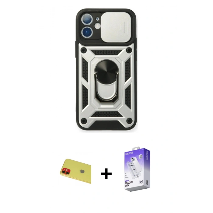 MARSİLYAN™- iPhone 11 Kılıf Ahenk Klasik - Siyah Bilvis 5in1 3D Magic Cam Ekran Koruyucu + Rainbow Kamera Lens Koruma Cam - KI