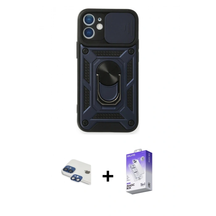 MARSİLYAN™- iPhone 11 Kılıf Ahenk Klasik - Siyah Bilvis 5in1 3D Magic Cam Ekran Koruyucu + Pers Alüminyum Kamera Lens - LT