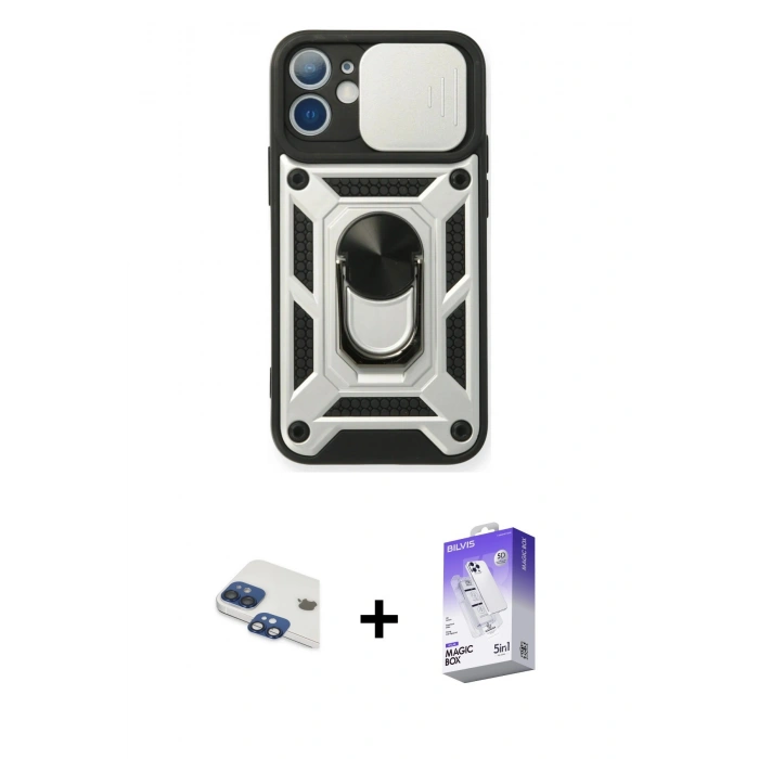 MARSİLYAN™- iPhone 11 Kılıf Ahenk Klasik - Siyah Bilvis 5in1 3D Magic Cam Ekran Koruyucu + Pers Alüminyum Kamera Lens - LT