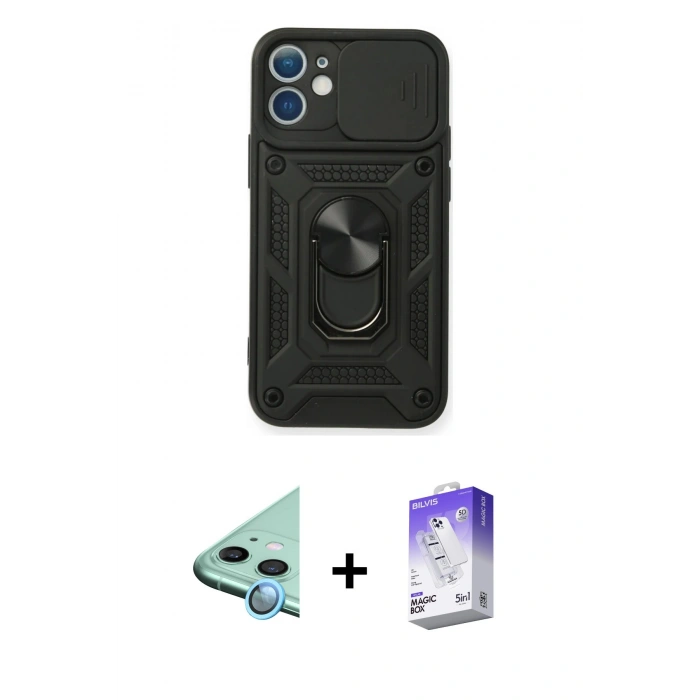 MARSİLYAN™- iPhone 11 Kılıf Ahenk Klasik - Siyah Bilvis 5in1 3D Magic Cam Ekran Koruyucu + Raze Metal Kamera Lens - MI