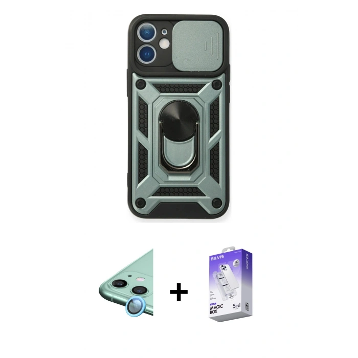 MARSİLYAN™- iPhone 11 Kılıf Ahenk Klasik - Siyah Bilvis 5in1 3D Magic Cam Ekran Koruyucu + Raze Metal Kamera Lens - MI