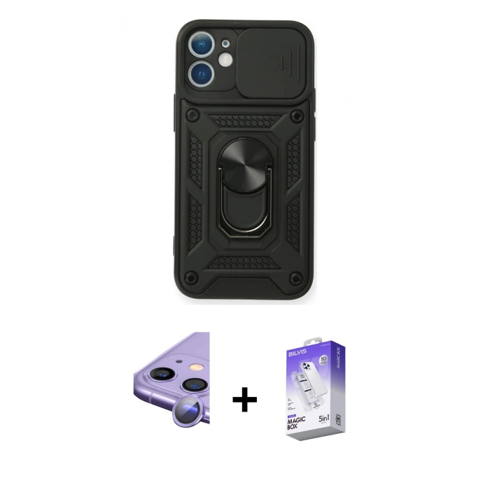 MARSİLYAN™- iPhone 11 Kılıf Ahenk Klasik - Siyah Bilvis 5in1 3D Magic Cam Ekran Koruyucu + Raze Metal Kamera Lens - MR