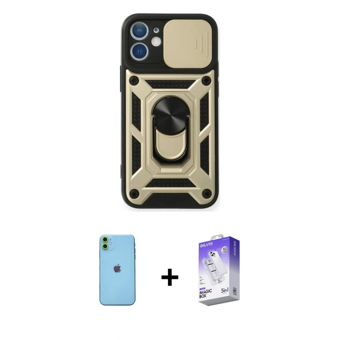 MARSİLYAN™- iPhone 11 Kılıf Ahenk Klasik - Siyah Bilvis 5in1 3D Magic Cam Ekran Koruyucu + Neon Fosforlu Kamera Lens - YL