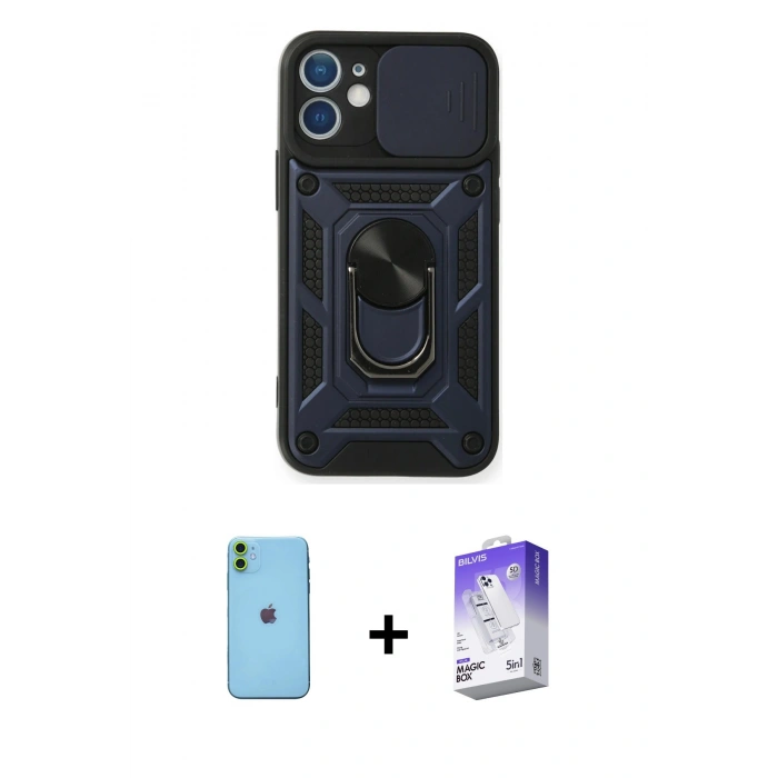 MARSİLYAN™- iPhone 11 Kılıf Ahenk Klasik - Siyah Bilvis 5in1 3D Magic Cam Ekran Koruyucu + Neon Fosforlu Kamera Lens - YL