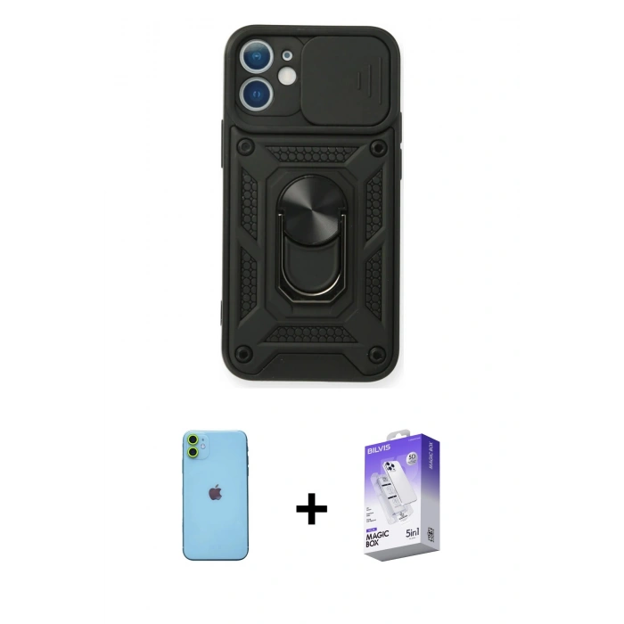 MARSİLYAN™- iPhone 11 Kılıf Ahenk Klasik - Siyah Bilvis 5in1 3D Magic Cam Ekran Koruyucu + Neon Fosforlu Kamera Lens - YL