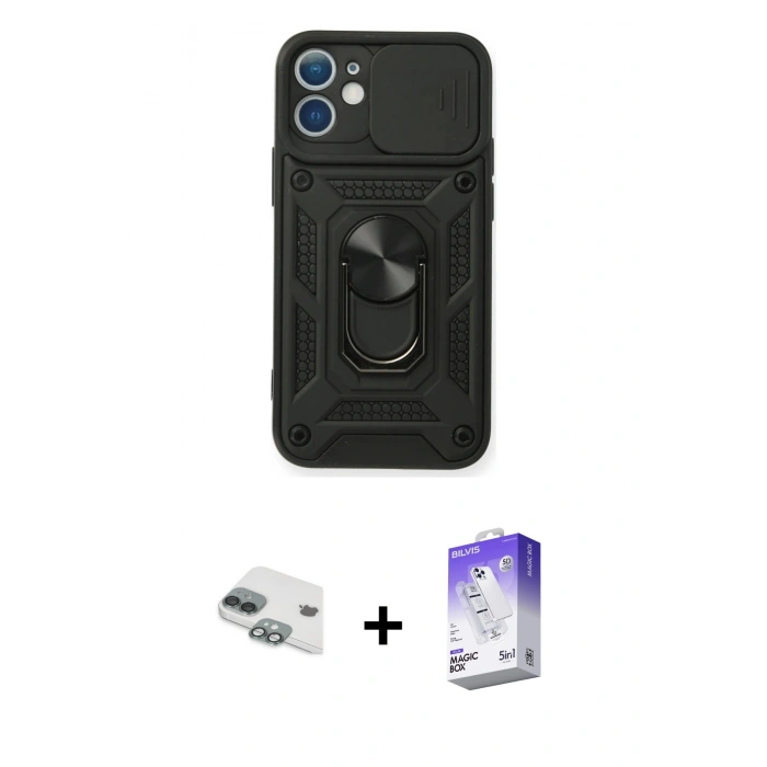 MARSİLYAN™- iPhone 11 Kılıf Ahenk Klasik - Siyah Bilvis 5in1 3D Magic Cam Ekran Koruyucu + Pers Alüminyum Kamera Lens - YL