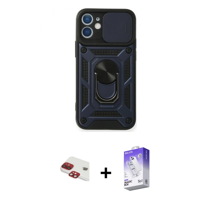 MARSİLYAN™- iPhone 11 Kılıf Ahenk Klasik - Siyah Bilvis 5in1 3D Magic Cam Ekran Koruyucu + Pers Alüminyum Kamera Lens - KI