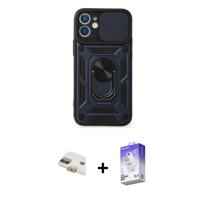 MARSİLYAN™- iPhone 11 Kılıf Ahenk Klasik - Siyah Bilvis 5in1 3D Magic Cam Ekran Koruyucu + Pers Alüminyum Kamera Lens - GD