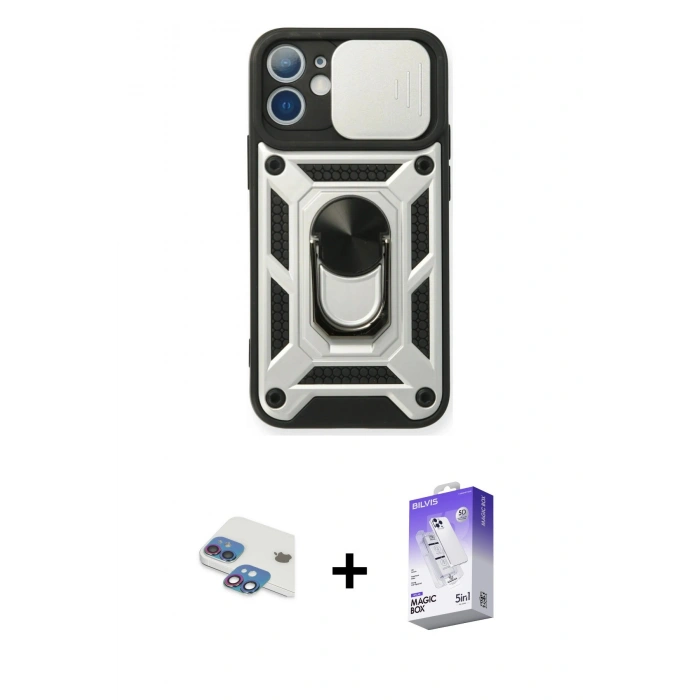 MARSİLYAN™- iPhone 11 Kılıf Ahenk Klasik - Siyah Bilvis 5in1 3D Magic Cam Ekran Koruyucu + Pers Alüminyum Kamera Lens - GI