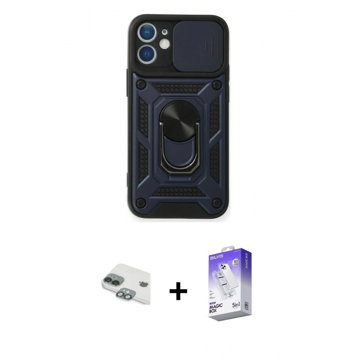 MARSİLYAN™- iPhone 11 Kılıf Ahenk Klasik - Siyah Bilvis 5in1 3D Magic Cam Ekran Koruyucu + Pers Alüminyum Kamera Lens - YL