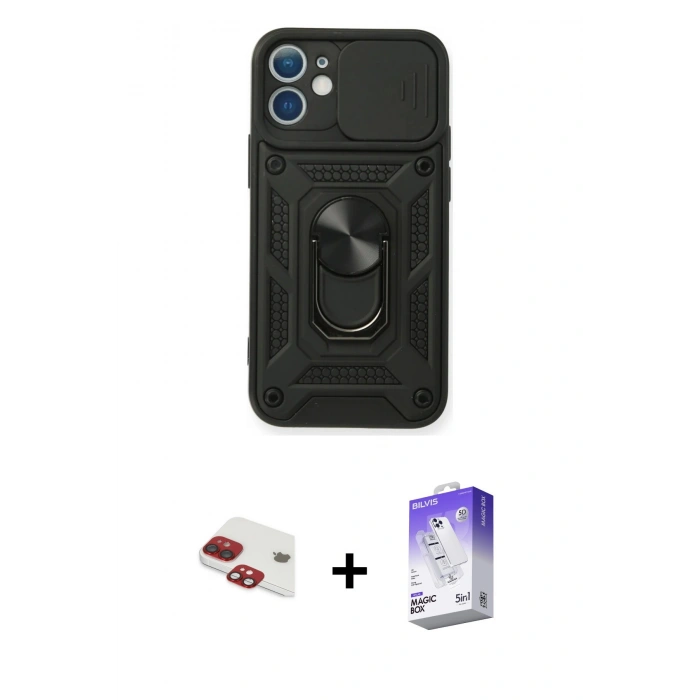 MARSİLYAN™- iPhone 11 Kılıf Ahenk Klasik - Siyah Bilvis 5in1 3D Magic Cam Ekran Koruyucu + Pers Alüminyum Kamera Lens - KI