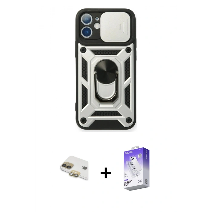 MARSİLYAN™- iPhone 11 Kılıf Ahenk Klasik - Siyah Bilvis 5in1 3D Magic Cam Ekran Koruyucu + Pers Alüminyum Kamera Lens - GD