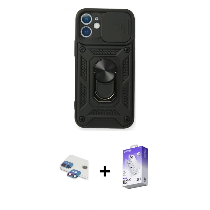 MARSİLYAN™- iPhone 11 Kılıf Ahenk Klasik - Siyah Bilvis 5in1 3D Magic Cam Ekran Koruyucu + Pers Alüminyum Kamera Lens - GI