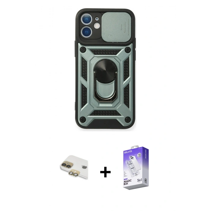MARSİLYAN™- iPhone 11 Kılıf Ahenk Klasik - Siyah Bilvis 5in1 3D Magic Cam Ekran Koruyucu + Pers Alüminyum Kamera Lens - GD