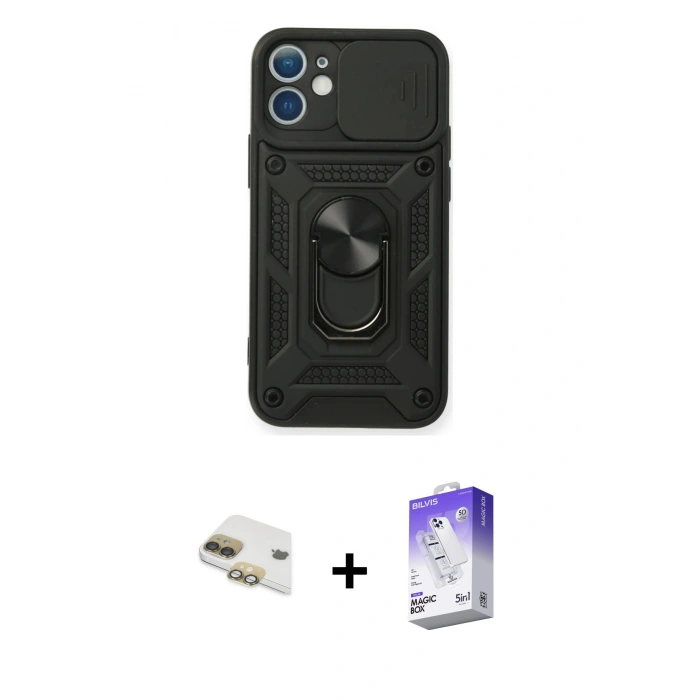 MARSİLYAN™- iPhone 11 Kılıf Ahenk Klasik - Siyah Bilvis 5in1 3D Magic Cam Ekran Koruyucu + Pers Alüminyum Kamera Lens - GD