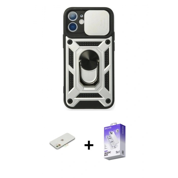 MARSİLYAN™- iPhone 11 Kılıf Ahenk Klasik - Siyah Bilvis 5in1 3D Magic Cam Ekran Koruyucu + Renkli Kamera Lens Koruma Cam - TU
