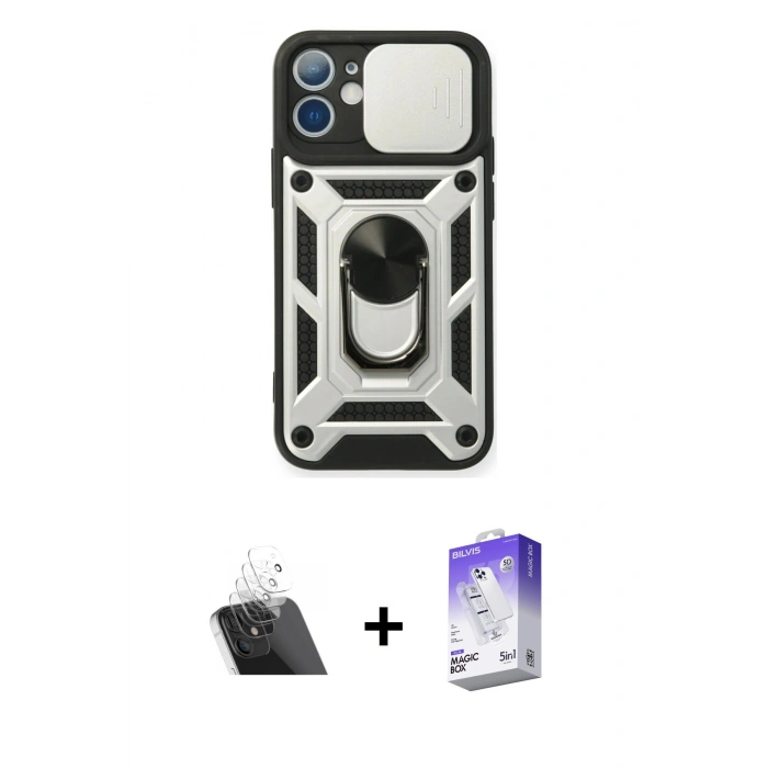 MARSİLYAN™- iPhone 11 Kılıf Ahenk Klasik - Siyah Bilvis 5in1 3D Magic Cam Ekran Koruyucu + Kamera Lens Koruma Cam - SF