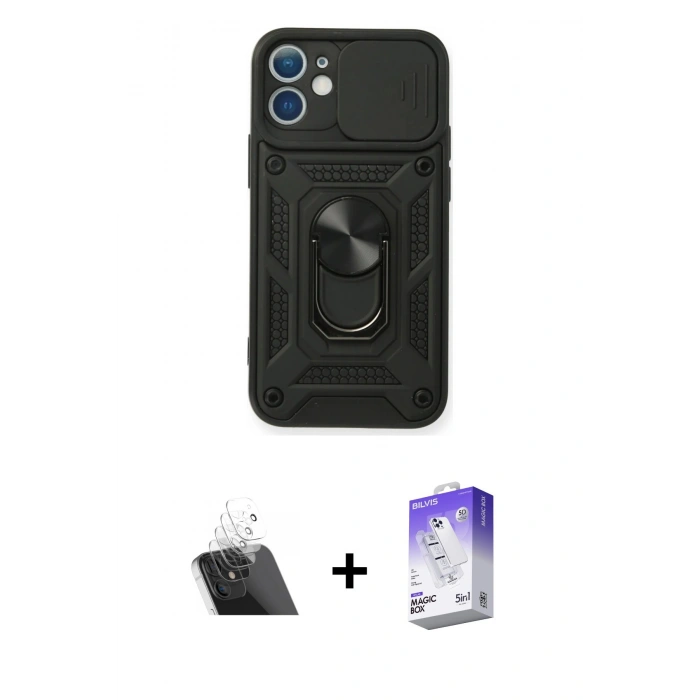 MARSİLYAN™- iPhone 11 Kılıf Ahenk Klasik - Siyah Bilvis 5in1 3D Magic Cam Ekran Koruyucu + Kamera Lens Koruma Cam - SF