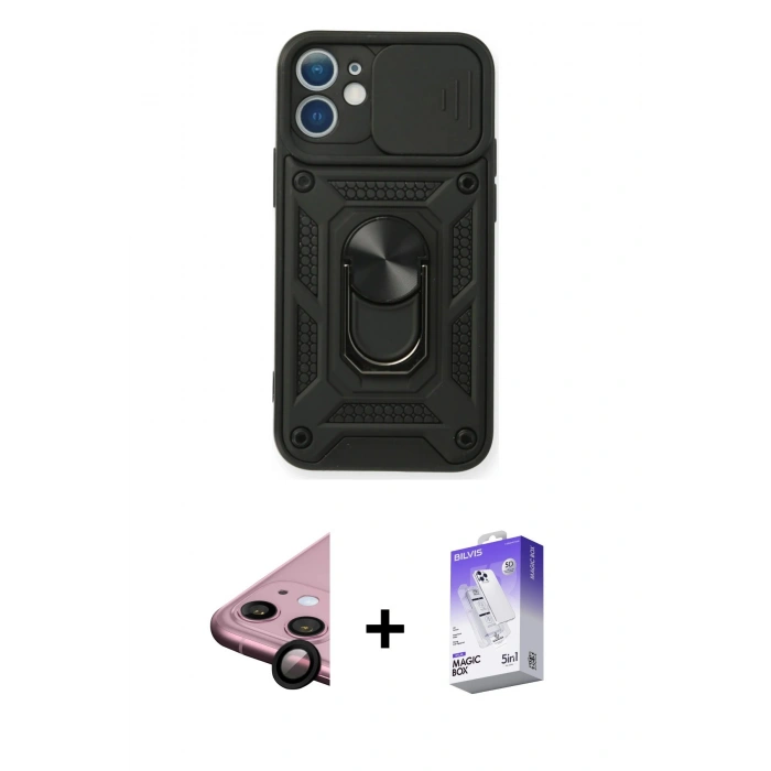 MARSİLYAN™- iPhone 11 Kılıf Ahenk Klasik - Siyah Bilvis 5in1 3D Magic Cam Ekran Koruyucu + Raze Metal Kamera Lens - SH