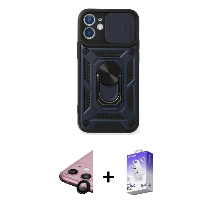 MARSİLYAN™- iPhone 11 Kılıf Ahenk Klasik - Siyah Bilvis 5in1 3D Magic Cam Ekran Koruyucu + Raze Metal Kamera Lens - SH