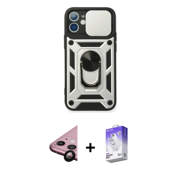 MARSİLYAN™- iPhone 11 Kılıf Ahenk Klasik - Siyah Bilvis 5in1 3D Magic Cam Ekran Koruyucu + Raze Metal Kamera Lens - SH