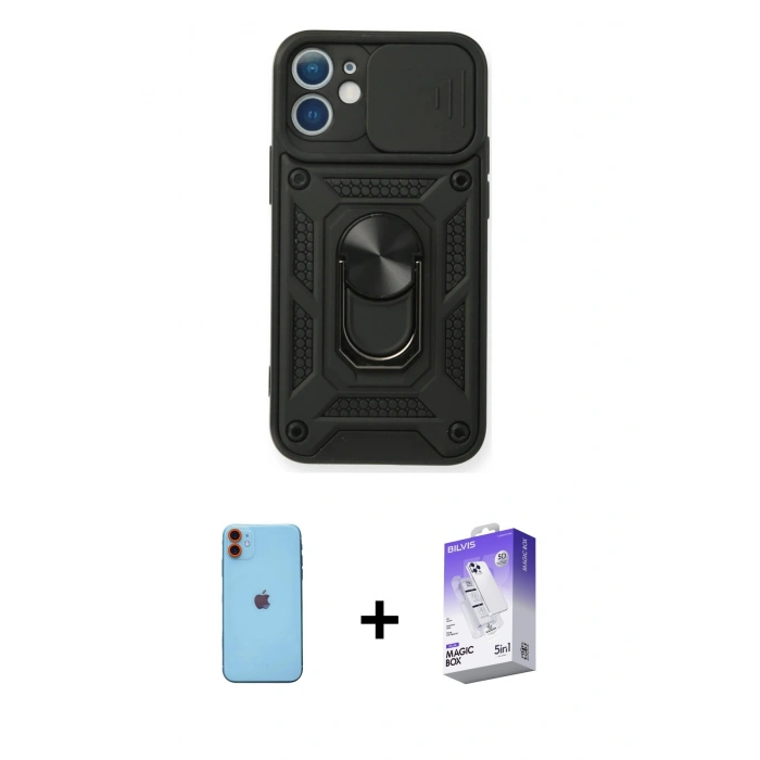 MARSİLYAN™- iPhone 11 Kılıf Ahenk Klasik - Siyah Bilvis 5in1 3D Magic Cam Ekran Koruyucu + Neon Fosforlu Kamera Lens - TU