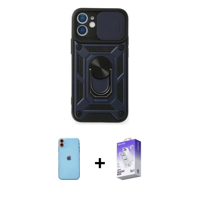 MARSİLYAN™- iPhone 11 Kılıf Ahenk Klasik - Siyah Bilvis 5in1 3D Magic Cam Ekran Koruyucu + Neon Fosforlu Kamera Lens - TU
