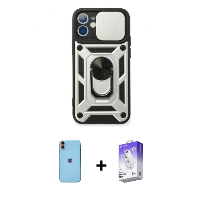 MARSİLYAN™- iPhone 11 Kılıf Ahenk Klasik - Siyah Bilvis 5in1 3D Magic Cam Ekran Koruyucu + Neon Fosforlu Kamera Lens - TU