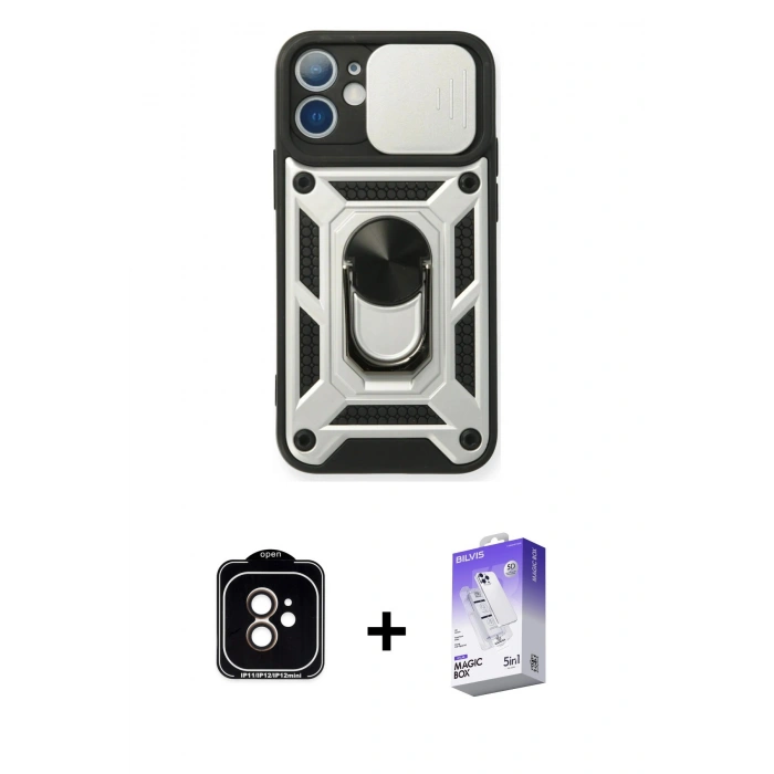 MARSİLYAN™- iPhone 11 Kılıf Ahenk Klasik - Siyah Bilvis 5in1 3D Magic Cam Ekran Koruyucu + PVD Metal Kamera Lens - TU