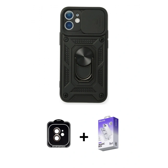 MARSİLYAN™- iPhone 11 Kılıf Ahenk Klasik - Siyah Bilvis 5in1 3D Magic Cam Ekran Koruyucu + PVD Metal Kamera Lens - TU