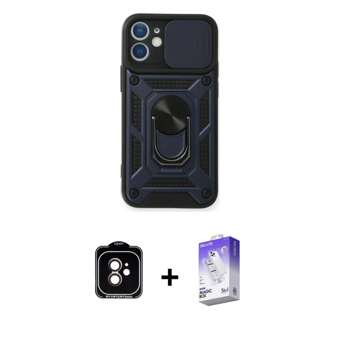 MARSİLYAN™- iPhone 11 Kılıf Ahenk Klasik - Siyah Bilvis 5in1 3D Magic Cam Ekran Koruyucu + PVD Metal Kamera Lens - TU