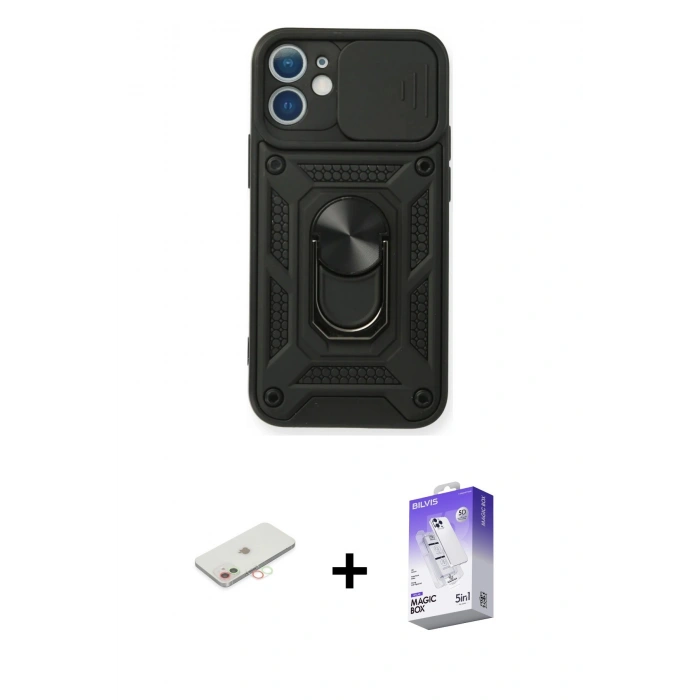 MARSİLYAN™- iPhone 11 Kılıf Ahenk Klasik - Siyah Bilvis 5in1 3D Magic Cam Ekran Koruyucu + Renkli Kamera Lens Koruma Cam - YL