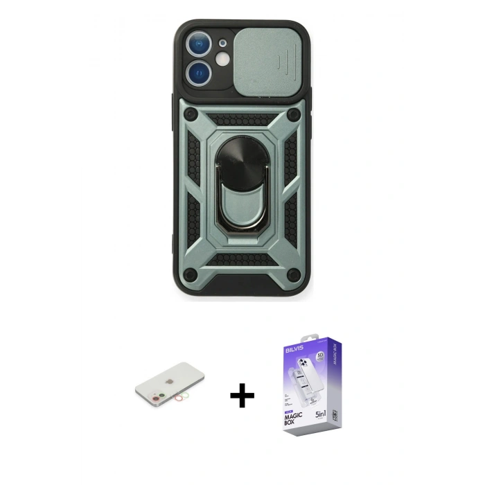MARSİLYAN™- iPhone 11 Kılıf Ahenk Klasik - Siyah Bilvis 5in1 3D Magic Cam Ekran Koruyucu + Renkli Kamera Lens Koruma Cam - YL