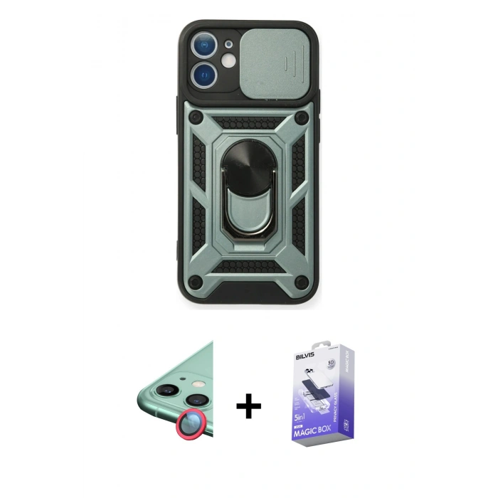 MARSİLYAN™- iPhone 11 Kılıf Ahenk Klasik - Siyah Bilvis 5in1 5D Magic Hayalet Cam Ekran Koruyucu + Raze Metal Kamera Lens - KI