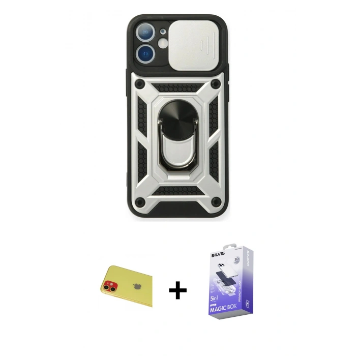 MARSİLYAN™- iPhone 11 Kılıf Ahenk Klasik - Siyah Bilvis 5in1 5D Magic Hayalet Cam Ekran Koruyucu + Kırmızı Rainbow Kamera Lens Koruma Cam