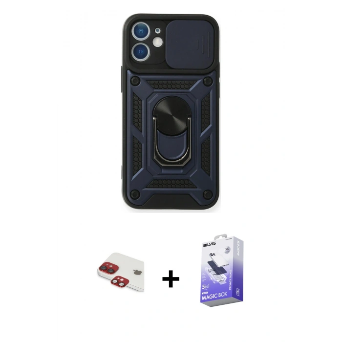 MARSİLYAN™- iPhone 11 Kılıf Ahenk Klasik - Siyah Bilvis 5in1 5D Magic Hayalet Cam Ekran Koruyucu + Pers Alüminyum Kamera Lens - KI