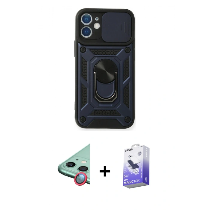 MARSİLYAN™- iPhone 11 Kılıf Ahenk Klasik - Siyah Bilvis 5in1 5D Magic Hayalet Cam Ekran Koruyucu + Raze Metal Kamera Lens - KI