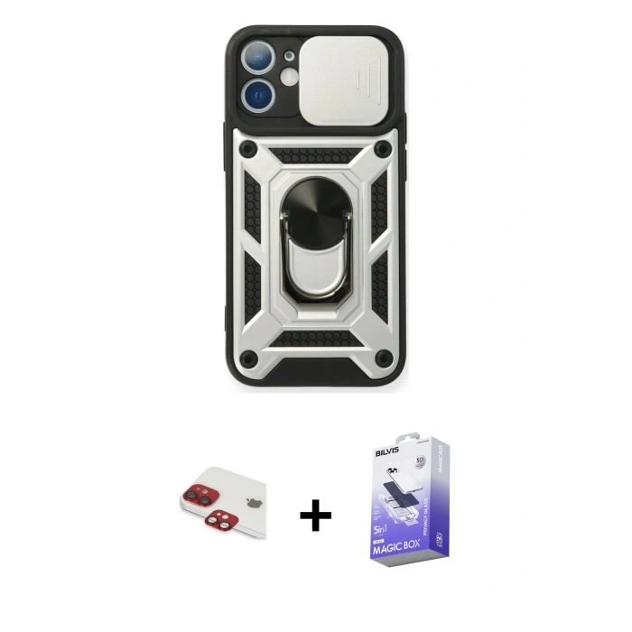 MARSİLYAN™- iPhone 11 Kılıf Ahenk Klasik - Siyah Bilvis 5in1 5D Magic Hayalet Cam Ekran Koruyucu + Pers Alüminyum Kamera Lens - KI