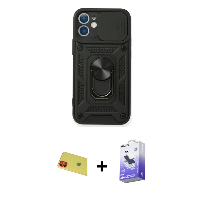 MARSİLYAN™- iPhone 11 Kılıf Ahenk Klasik - Siyah Bilvis 5in1 5D Magic Hayalet Cam Ekran Koruyucu + Kırmızı Rainbow Kamera Lens Koruma Cam