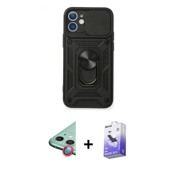 MARSİLYAN™- iPhone 11 Kılıf Ahenk Klasik - Siyah Bilvis 5in1 5D Magic Hayalet Cam Ekran Koruyucu + Raze Metal Kamera Lens - KI